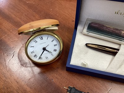 Lot 5394 - Silver and lizard skin wallet, together with two waterman pens in the box, a Tempora travel clock and other jewellery