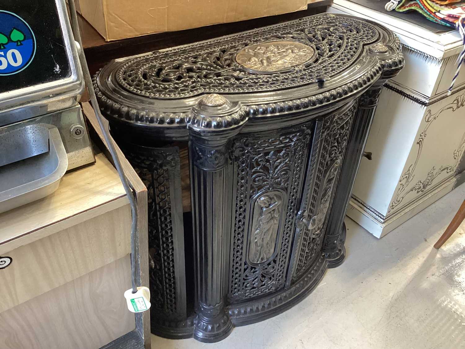 Lot 5404 - Antique French enamelled cast iron stove converted to a cabinet