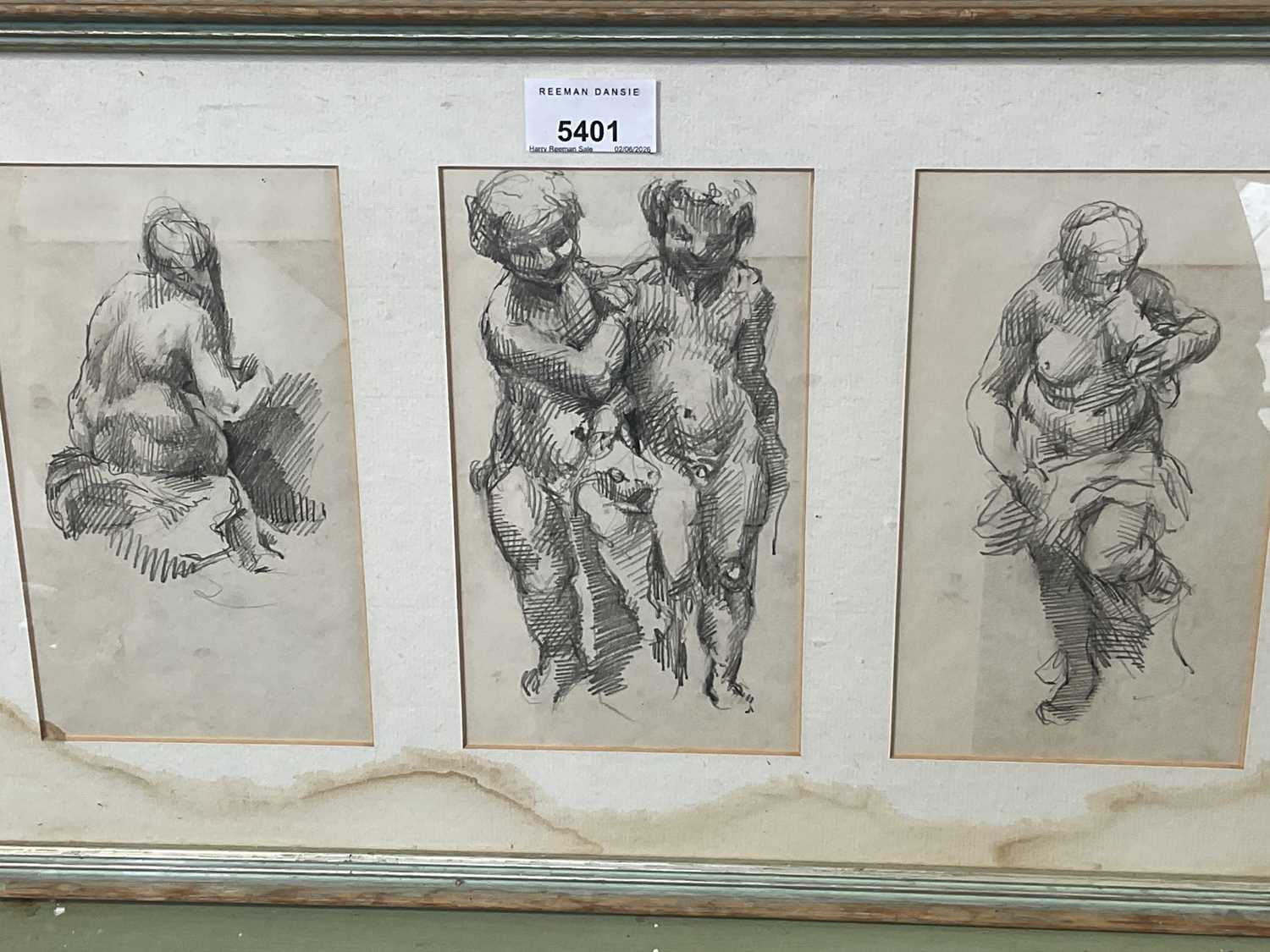 Lot 5401 - Collection of pictures and prints to include an antique pencil sketch of three nudes, 19th century French Fashion prints, two 19th century oil paintings, and sundry pictures