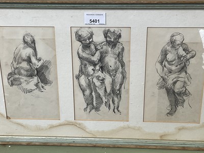 Lot 5401 - Collection of pictures and prints to include an antique pencil sketch of three nudes, 19th century French Fashion prints, two 19th century oil paintings, and sundry pictures