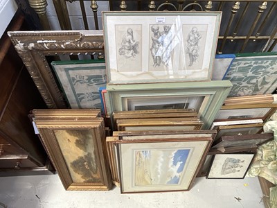Lot 5401 - Collection of pictures and prints to include an antique pencil sketch of three nudes, 19th century French Fashion prints, two 19th century oil paintings, and sundry pictures