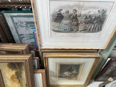 Lot 5401 - Collection of pictures and prints to include an antique pencil sketch of three nudes, 19th century French Fashion prints, two 19th century oil paintings, and sundry pictures
