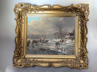 Lot 5408 - Dutch School - oil on canvas gilt frame - Winter landscape with figures skating, similar print in canvas, watercolour and sundry pictures