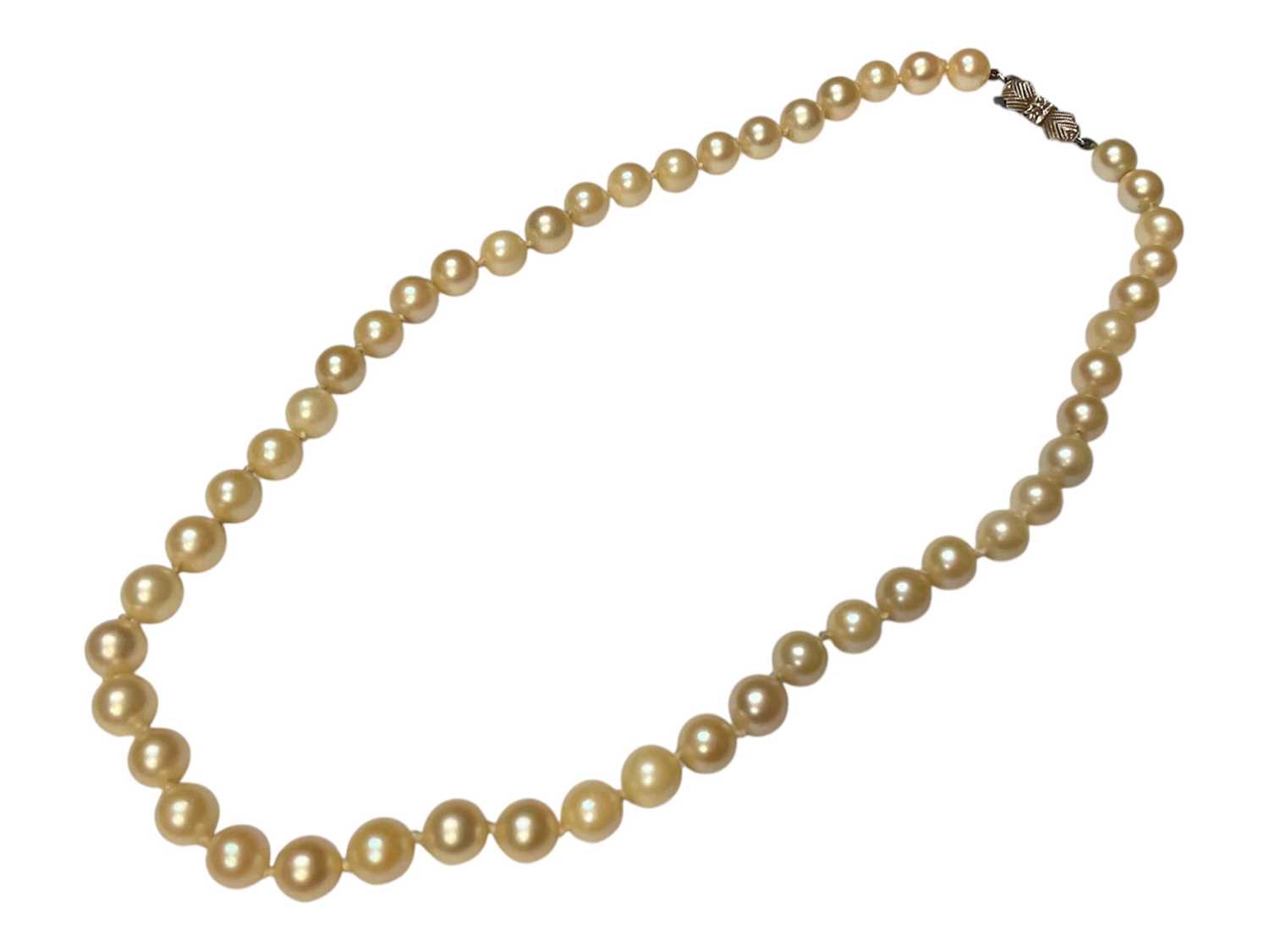 Lot 57 - Cultured pearl single string necklace with a 9ct white gold bow shaped clasp, 42cm long