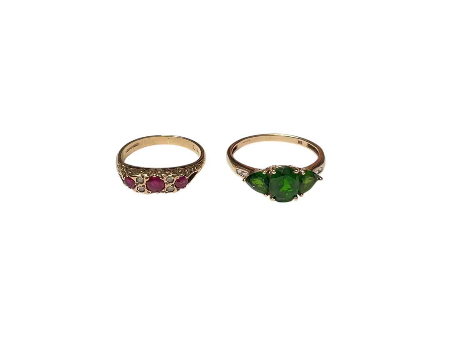 Lot 49 - 9ct gold Victorian style ruby and diamond ring, size M, together with a 9ct gold green stone dress ring, size S (2)