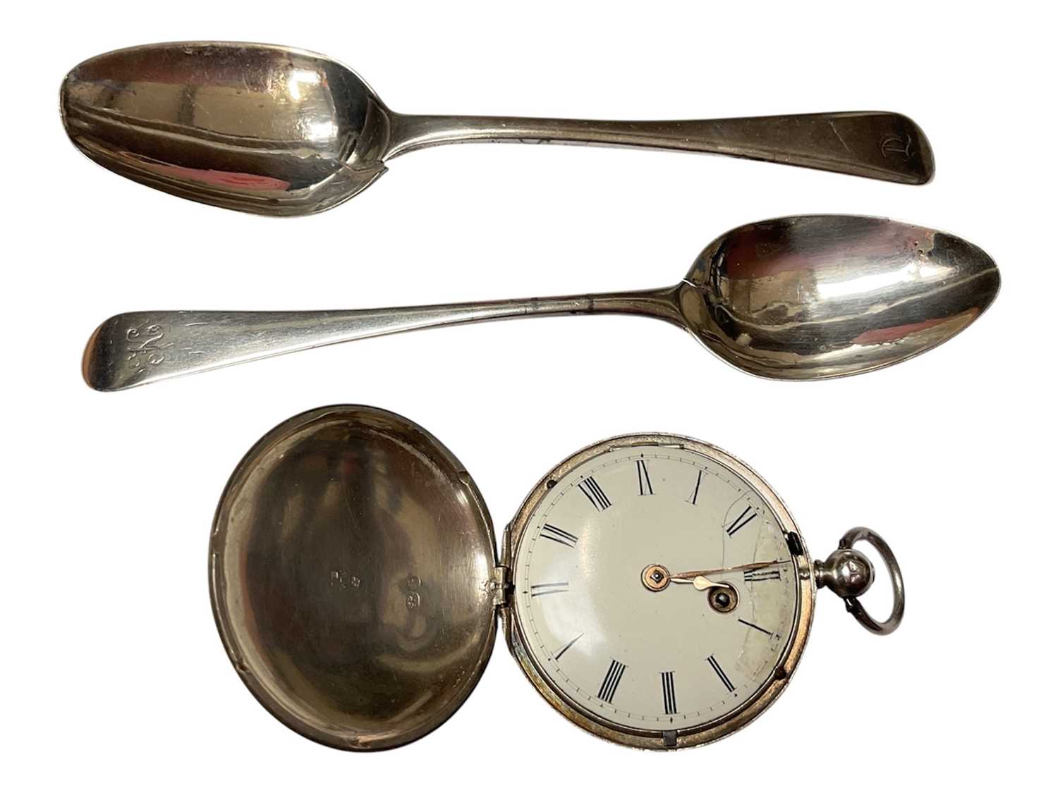 Lot 46 - Victorian silver full hunter pocket watch and two Georgian silver teaspoons