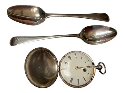 Lot 46 - Victorian silver full hunter pocket watch and two Georgian silver teaspoons
