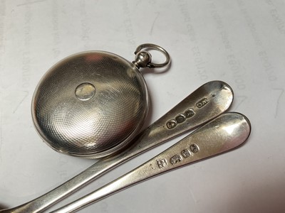 Lot 46 - Victorian silver full hunter pocket watch and two Georgian silver teaspoons