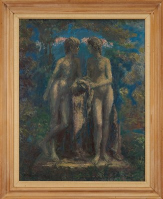Lot 1141 - Geoffrey Hamilton Rhoades (1898-1980) oil on canvas - Statues in a Garden, signed and indistinctly dated, 77.5cm x 60.5cm, framed
