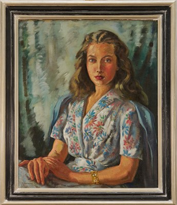 Lot 1142 - *Francis Wynne Thomas (1907-1989) oil on canvas - Portrait of a Lady in Floral Dress, signed, 75cm x 63cm, an oil sketch verso of a cellist, in painted frame