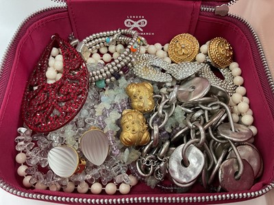 Lot 36 - Group of costume jewellery including various bead necklaces, vintage clip on earrings and an Uno de 50 white metal bead and cord multi-strand bracelet