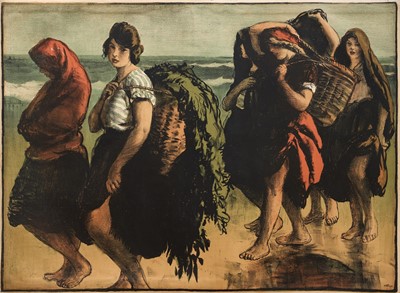 Lot 1158 - *Gerald Spencer Pryse (1882-1956) coloured lithograph, Scenes of the Empire series 1924, No. P35 Hebridean girls collecting seaweed, signed, 91cm x 125cm, unframed