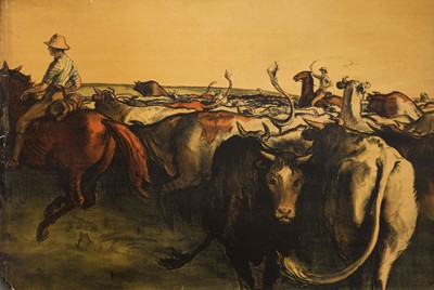 Lot 1161 - *Gerald Spencer Pryse (1882-1956) coloured lithograph, Scenes of the Empire series 1924, Australian Cattle station, signed, 83cm x 122cm, unframed