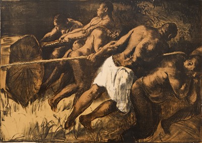 Lot 1159 - *Gerald Spencer Pryse (1882-1956) coloured lithograph, Scenes of the Empire series 1924, Hauling Timber Nigeria, signed, 90cm x 126cm, unframed
