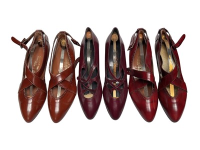 Lot 2538 - Lot of vintage shoes including a pair of black patent leather shoes by Salvatore Ferragamo with toe bow and logo, 4 pairs of Roland Cartier shoes with pointed toe and cross-over straps, black l...
