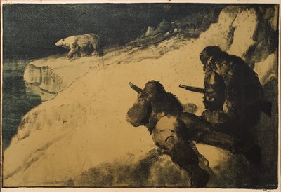Lot 1155 - *Gerald Spencer Pryse (1882-1956) coloured lithograph, Scenes of the Empire series 1924, Two Polar Bear Hunters, signed, inscribed 'Arctic Territories', 84cm x 125cm, unframed