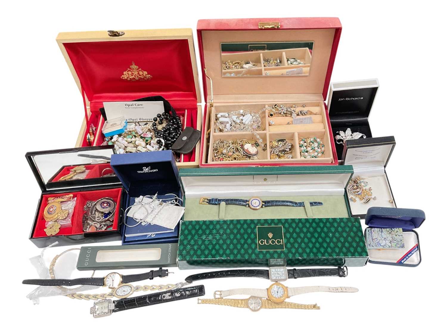 Lot 38 - Group of costume jewellery, some silver jewellery and various watches including a Gucci wristwatch with red and blue enamel decoration and a blue leather strap in case