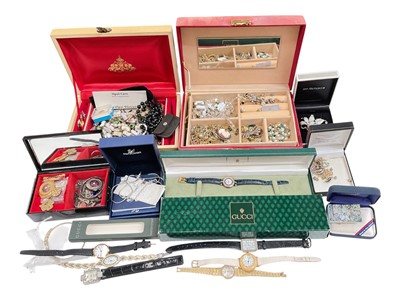 Lot 38 - Group of costume jewellery, some silver jewellery and various watches including a Gucci wristwatch with red and blue enamel decoration and a blue leather strap in case