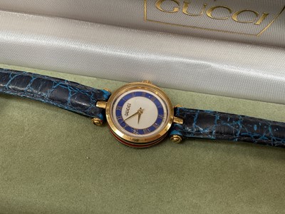 Lot 38 - Group of costume jewellery, some silver jewellery and various watches including a Gucci wristwatch with red and blue enamel decoration and a blue leather strap in case