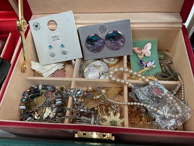 Lot 38 - Group of costume jewellery, some silver jewellery and various watches including a Gucci wristwatch with red and blue enamel decoration and a blue leather strap in case