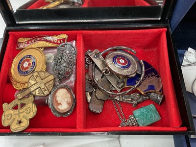 Lot 38 - Group of costume jewellery, some silver jewellery and various watches including a Gucci wristwatch with red and blue enamel decoration and a blue leather strap in case