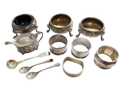 Lot 85 - Pair of Victorian silver cauldron salts, one other silver salt, silver condiment pot, four various silver salts spoons and four silver napkin rings