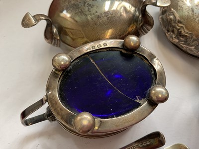 Lot 85 - Pair of Victorian silver cauldron salts, one other silver salt, silver condiment pot, four various silver salts spoons and four silver napkin rings
