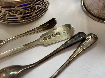 Lot 85 - Pair of Victorian silver cauldron salts, one other silver salt, silver condiment pot, four various silver salts spoons and four silver napkin rings