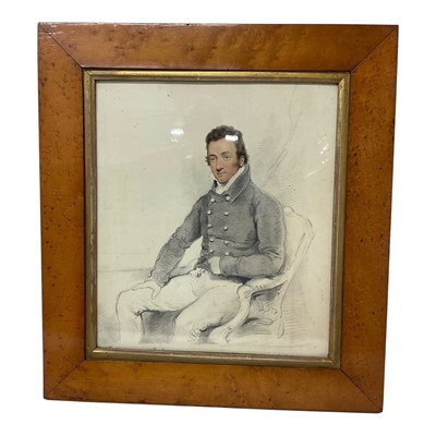 Lot 841 - English School, circa 1820, watercolour, Portrait of a seated gentleman, in glazed birds-eye maple frame, total size 41 x 38cm