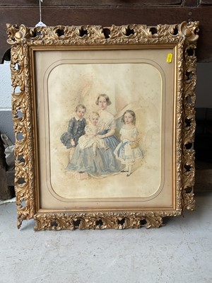 Lot 5219 - English School, 19th century, watercolour, family group, in Florentine frame