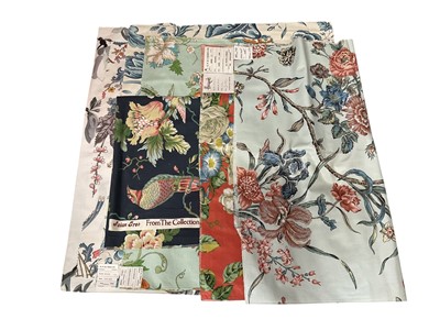 Lot 2539 - Lot of fabric lengths and large pattern book squares including The Pomegranate Tree and Flame Bargello both by Greeff, cut pieces of Asian Tree, Paradise Garden, Chinaberry Tree, Morocco Ethic...