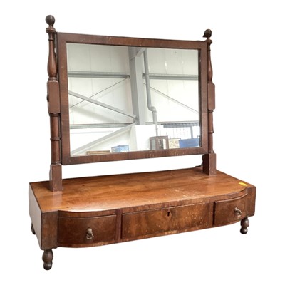 Lot 5422 - George III mahogany toilet mirror with turned supports, three drawers, key, on turned ball feet