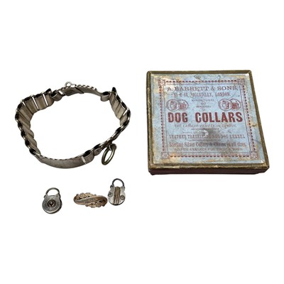 Lot 5289 - Victorian or Edwardian silver plated dog collar, with two padlocks, in original box with label for 'A. Barrett & Sons, Picadilly', together with a 'Mother' brooch