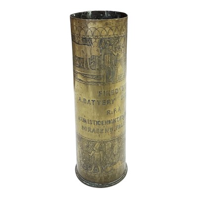 Lot 772 - First World War Trench Art brass shell case, engraved "Fired by A. battery 302 BDE R.F.A. Armistice night 11th Nov. 1918 Sorafend Palestine".