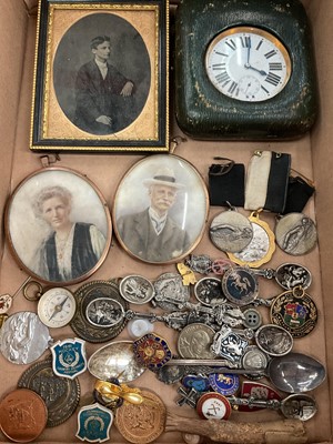 Lot 372 - Various medals and badges etc, Goliath pocket watch in case, daguerreotype and pair of 19th century ivory portrait miniatures. APHA Ref: KA9FUHES