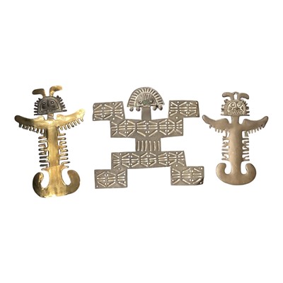 Lot 103 - Three Inca style brass wall hanging totems