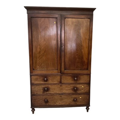 Lot 5300 - Nineteenth century mahogany linen press converted into a wardrobe with hanging rail enclosed by two panelled doors, with four drawers below, 128cm wide, 57cm deep, 208cm high
