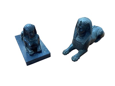Lot 5010 - Two patinated spelter Grand Tour models of sphinxes, including one with marble base, 23cm and 14cm long