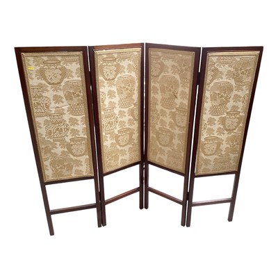 Lot 5311 - Four fold mahogany screen with embroidered panels, 107cm high
