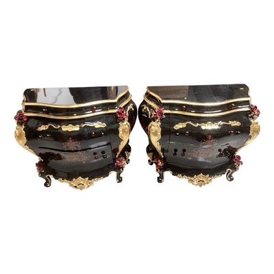 Lot 5306 - Pair of Italian style Baroque chest of drawers with glossy black ebonised finish, gilt decoration and applied glass flowers, 99cm wide, 48cm deep, 82cm high