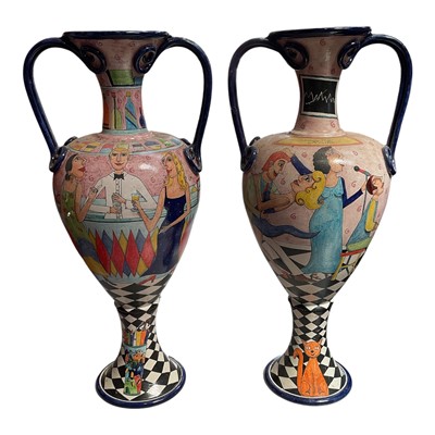 Lot 5312 - Huge pair of Italian ceramic floor vases, signed Sara Vietri, painted with figures dancing and at a bar, 121cm high