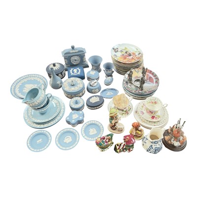 Lot 5017 - Collection of Wedgwood Jasperware items to include clock, tinket boxes, vases, Wedgwood Queen's Ware, Royal Albert Christmas decorations, model vehicles, Russian doll and sundries