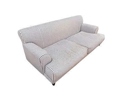 Lot 5337 - Good quality traditional sofa upholstered in blue and white striped linen on wooden legs