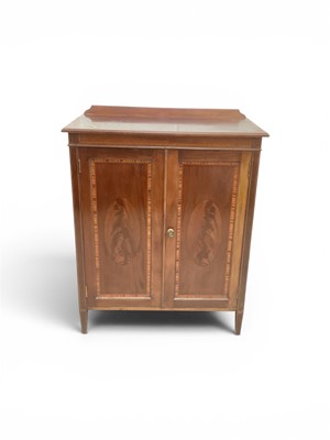 Lot 5317 - Edwardian inlaid mahogany cabinet with shelved interior enclosed by two panelled doors, 76cm wide, 40.5cm deep, 96cm high