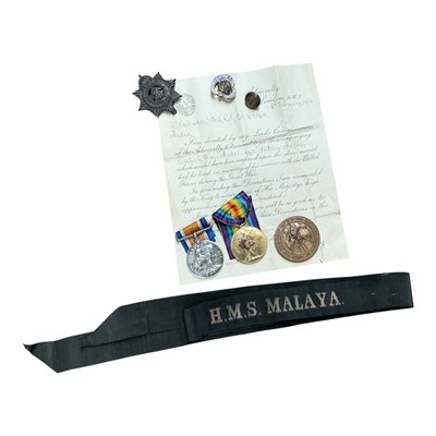 Lot 703 - First World War casualty medal pair comprising War and Victory medals named to K.25955 J. T. Ballance. STO. 1. R.N. Together with an H.M.S. Malaya cap tally, Jutland medallion and other items.