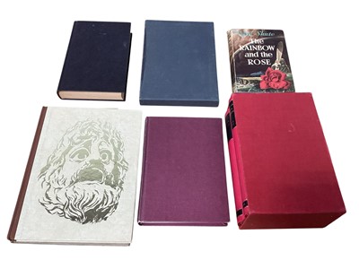 Lot 5045 - Small group of books, including set of three leather bound Churchill books in red slip case published by Oldham's, two Folio Society books, etc