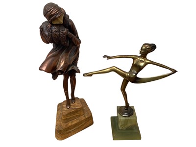 Lot 5035 - Art Deco style patinated spelter figure of a dancer on an onyx base, and another Art Deco style figure (2)