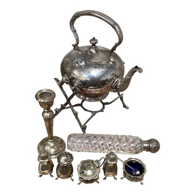 Lot 5037 - Silver five piece cruet set, together with a silver candlesticks, silver topper glass bottle, and a silver plated spirit kettle on stand