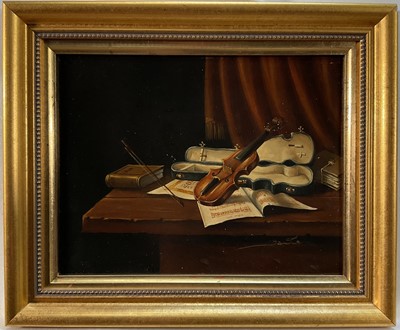 Lot 100 - Continental School, oil on board, Still life with Violin, indistinctly signed, 17cm x 22cm, gilt frame