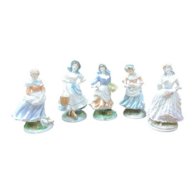 Lot 5042 - Five Royal Worcester figures - The Milkmaid, Rosie Picking Apples, A Farmer's Wife, The Shepherdess and The Village Bride